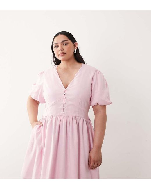 Nobody's Child Pink Linen Mix Scalloped Edge V-neck Mini Dress