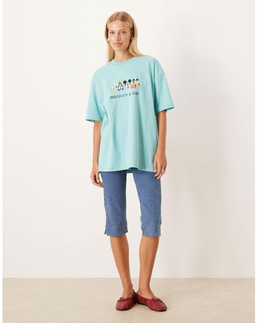 ASOS Blue Disney Unisex Oversized T-shirt With Mickey Mouse & Friends Prints And Rhinestone Text