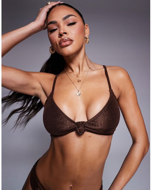 South Beach Brown Crinkle Stripe Bikini Top