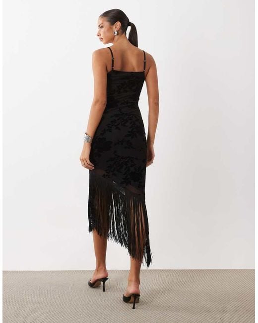 ASOS Black Devore Floral Maxi Dress With Fringing Detail