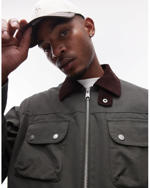 Topman Black Wax Look Jacket With Cord Collar for men