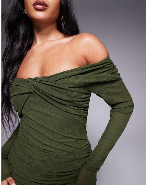 ASOS Green Textured Mesh Bardot Twist Front Midi Dress