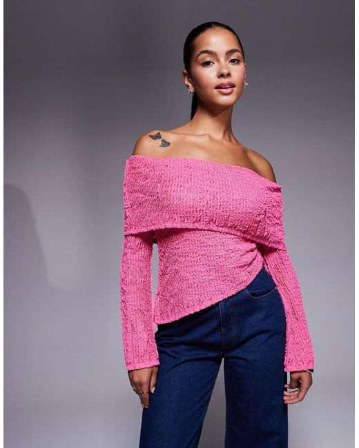 ASOS Pink Crochet Semi Sheer Bardot Top With Asymmetric Hem