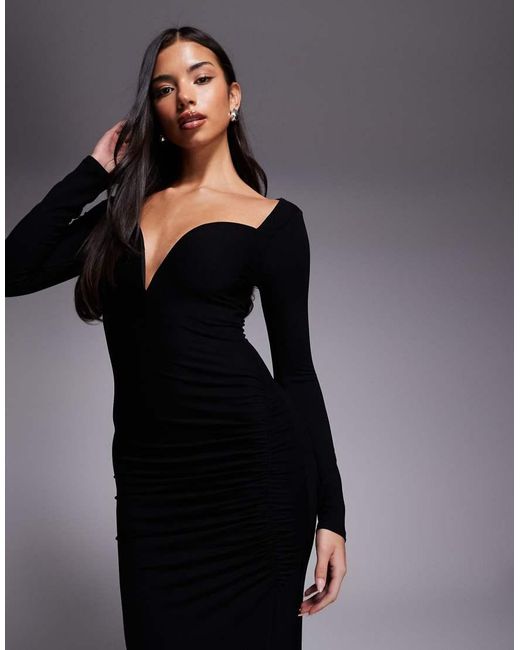 ASOS Black Long Sleeve Deep Plunge Maxi Dress With V-Bar Trim