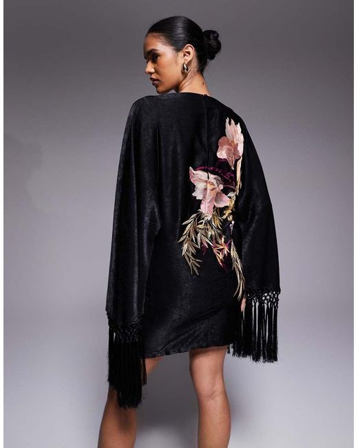 ASOS Gray Floral Embroidered Long Sleeve Mini Dress With Fringing