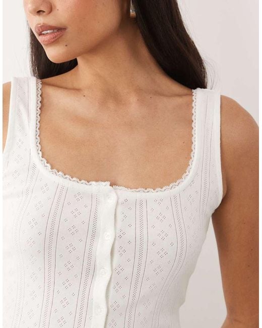 GOOD AMERICAN White Pointelle Square Neck Button Through Vest Top