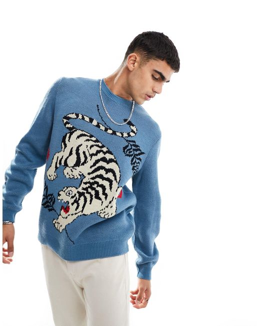 ASOS Blue Relaxed Knitted Jumper With Tiger Pattern for men