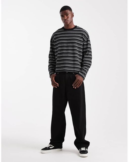 ASOS Oversized Rechte Gestreept T-Shirt Van Zware Stof Met Lange Mouwen En Textuur in het Black voor heren