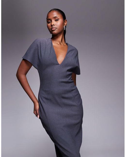ASOS Blue Structured Short Sleeve V Neck Seamed Midi Dress