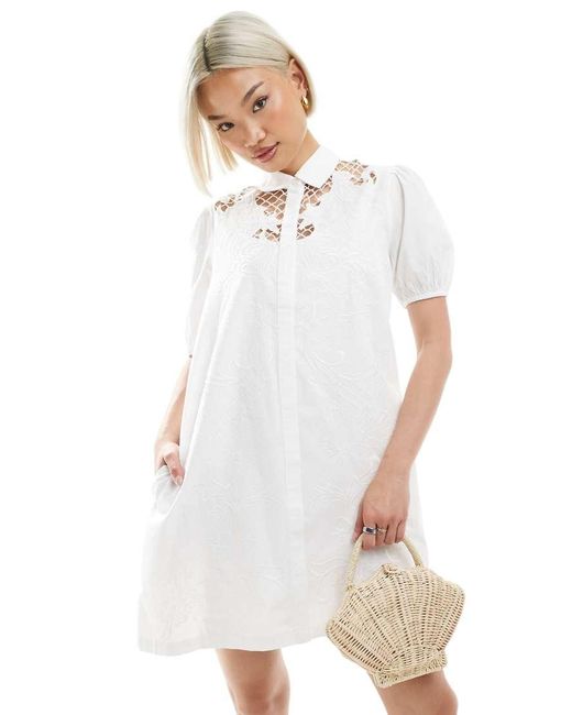 French Connection White Cambria Cotton Embroidered Mini Shirt Dress