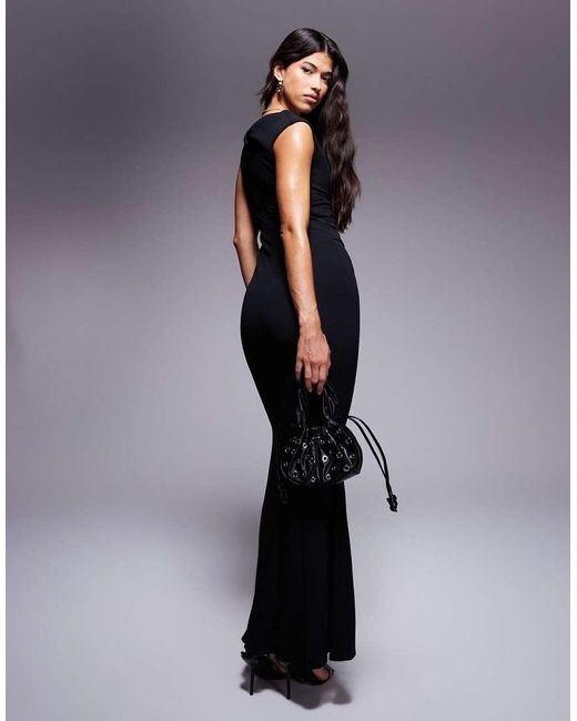 Goddiva Blue Bardot Pleated Maxi Dress