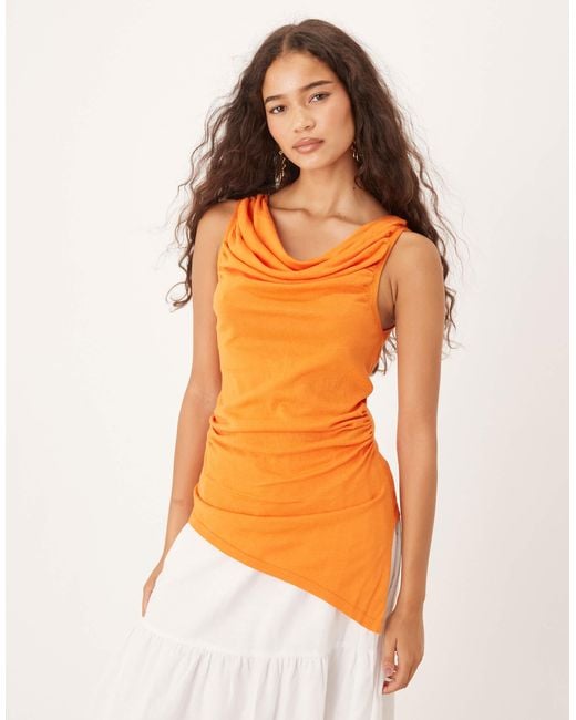 Mango Orange Asymmetric Ruched Top