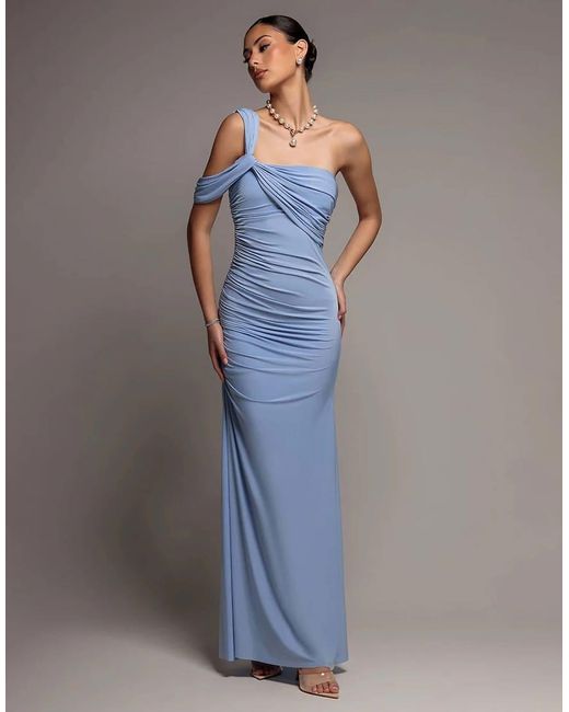 Goddiva Blue One Shoulder Asymmetric Twist Maxi Dress