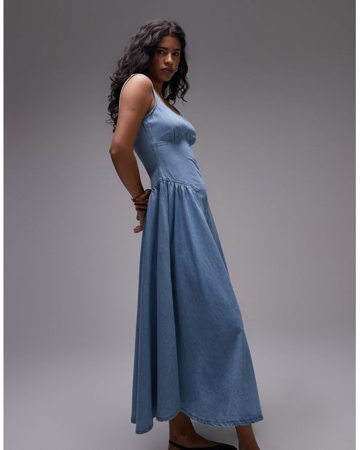 TOPSHOP Blue Denim Dropped Waist Seamed Midi Dress