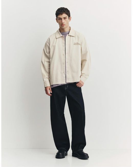Pull&Bear Natural Embroidered Striped Shirt for men