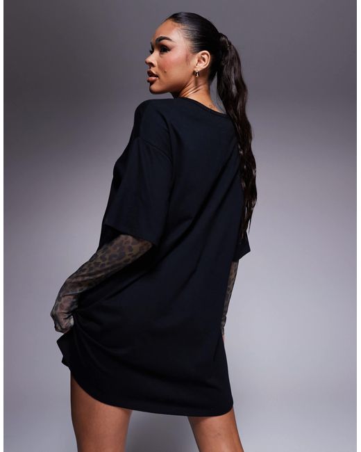 Robe t-shirt courte avec manches en tulle à imprimé léopard ASOS en coloris Blue