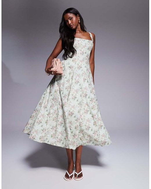 House Of Cb Gray Mariabella Print Cotton Midi Dress