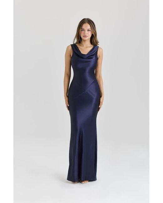 House Of Cb Blue Safaira Satin Draped Cowl Neck Maxi Dress