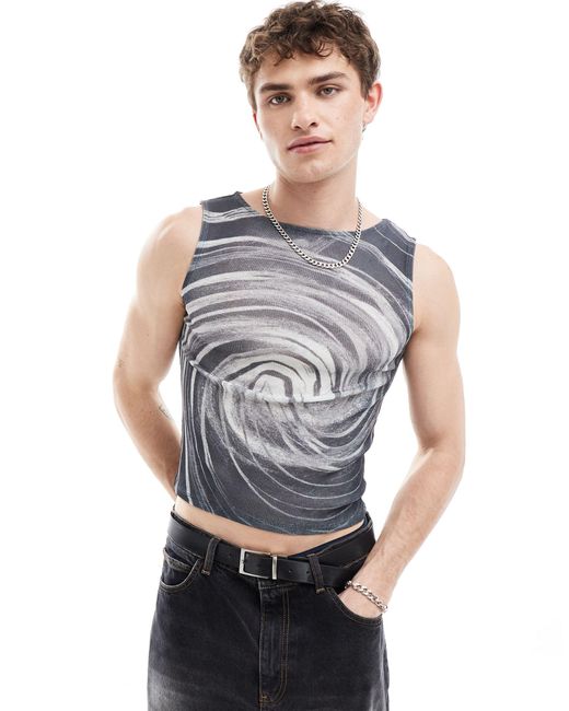 Collusion Gray Printed Muscle Mesh Vest With Swirl Print for men