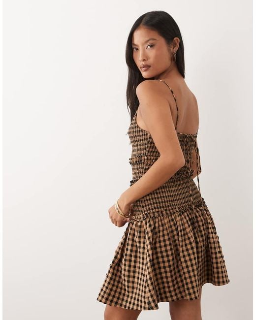 ASOS Brown Asos Design Petite Crinkle Mini Dress With Shirred Dropped Waist
