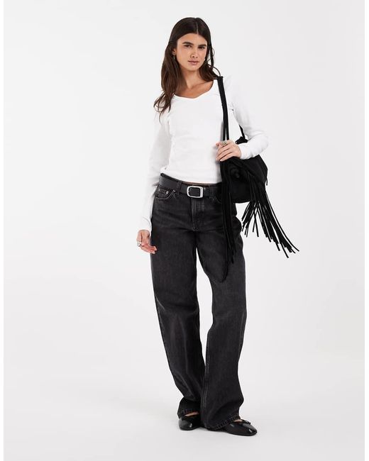 JJXX White Long Sleeve V-neck Ribbed Top