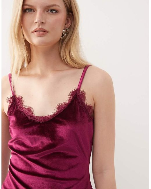 Miss Selfridge Red Asym Velvet Cami Top With Lace Trims