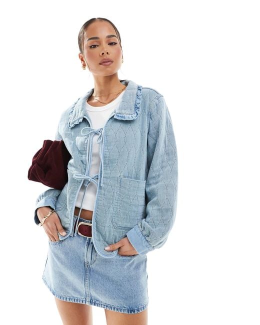 ONLY Blue Quilted Tie Front Shacket With Frill Collar Detail