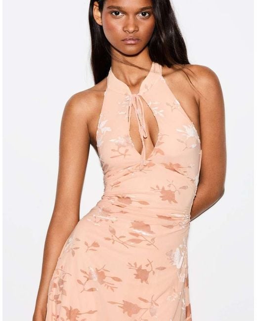 Bershka White Flocked Tulle Halter Dress