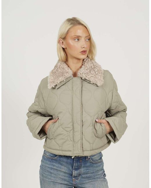 Brave Soul Natural Onion Qulited Jacket With Faux Fur Collar
