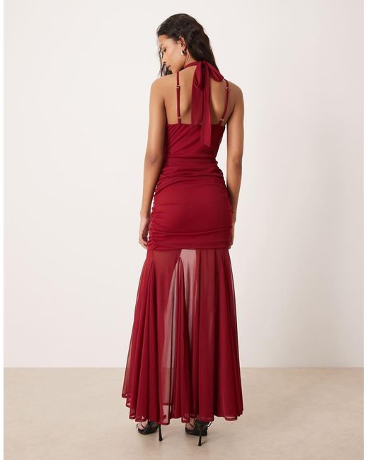 TFNC London Red Halter Neck Sheer Skirt Maxi Dress