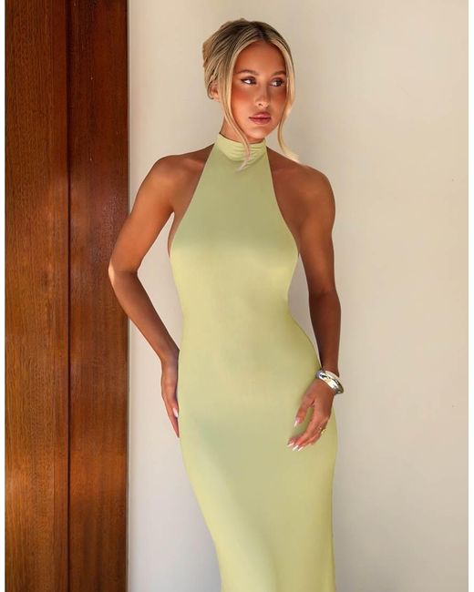 Tiger Mist Yellow X Em Venz Maddy High Racer Halterneck Open Back Drape Detail Maxi Dress