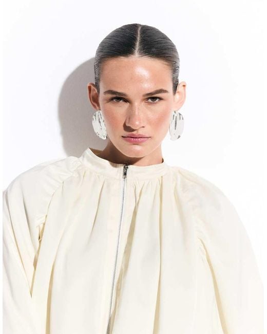 Missy Empire White Satin Balloon Sleeve Bomber Jacket Co-Ord