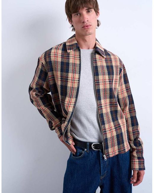 Topman Blue Regular Fit Textured Check Overshirt With Zip for men