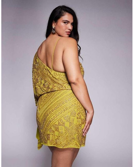 ASOS Yellow Asos Design Curve Asymmetric Cape Detail Allover Embellished Mini Dress