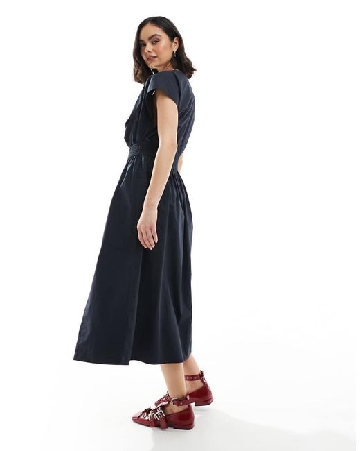 French Connection Blue Barletta Cotton Poplin Tie Midi Dress