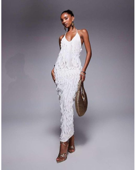 Public Desire White Ruffle Detail Halter Neck Maxi Dress Cream