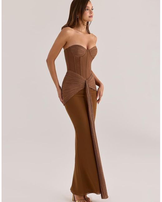 House Of Cb Brown Charlotte Bronze Shimmer Chiffon + Mesh Strapless Maxi Dress