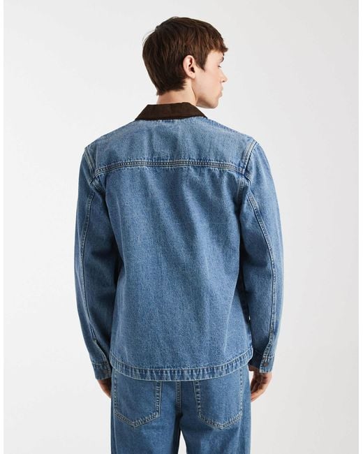 Redefined Rebel Blue Wallace Denim Utility Style Jacket With Contrast Collar for men