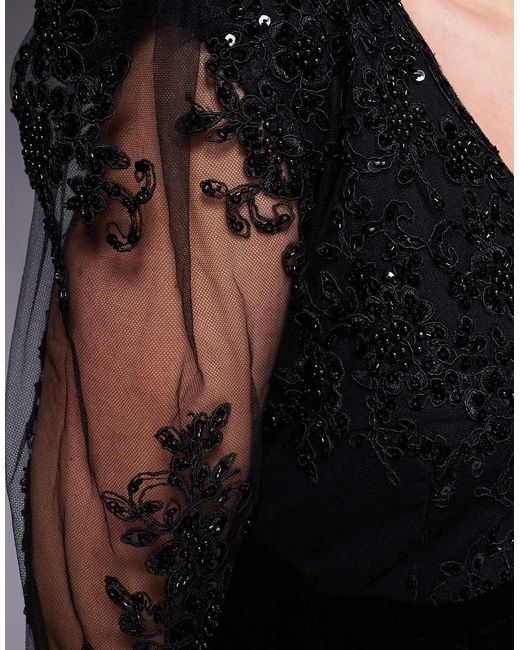 Goddiva Black Curve Scalloped Lace & Velvet Maxi Dress