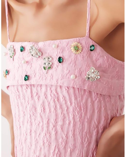 Sister Jane Pink Dream Posy Jacquard Square Neck Embellished Detail Drop Waist Midi Dress