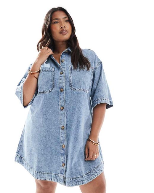 Vestido Camisero Vaquero De Corte Cuadrado Con Lavado Claro De Asos Design Curve-Azul ASOS de color Blue