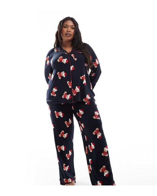 Chelsea Peers Blue Exclusive Curve Christmas Teddy Print Long Sleeve Revere And Trouser Pyjama Set