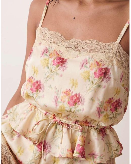 ASOS Natural Satin Playsuit With Lace Trims