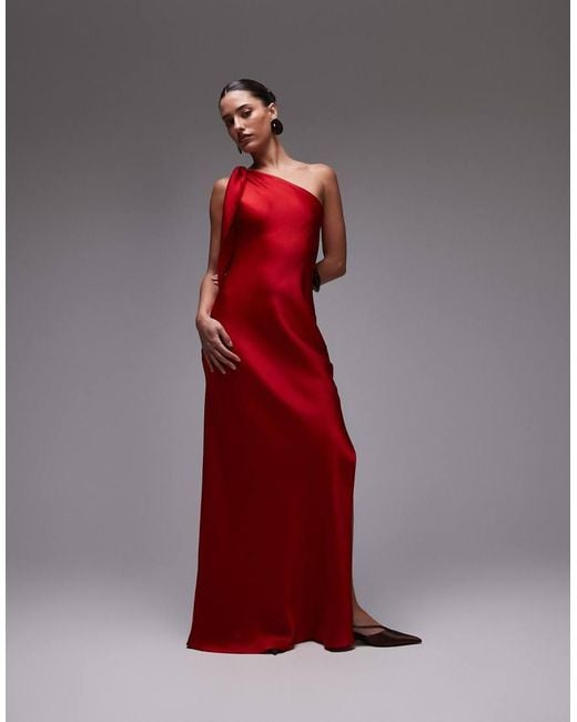 Mango Red One Shoulder Satin Side Split Maxi Dress