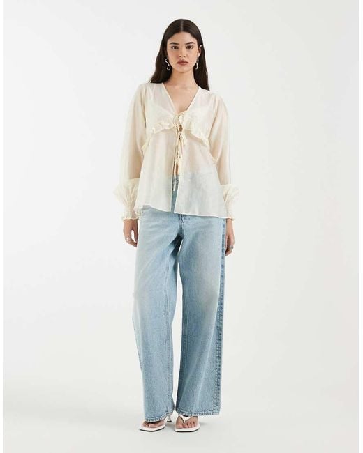 4th & Reckless Natural Semi Sheer Chiffon Tie Split Front Frill Detail Blouse