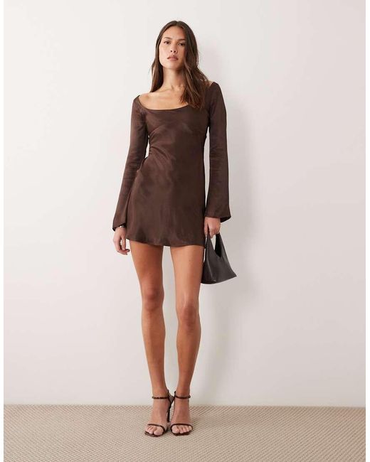 ASOS Brown Satin Bodice Mini Dress With Flared Sleeves