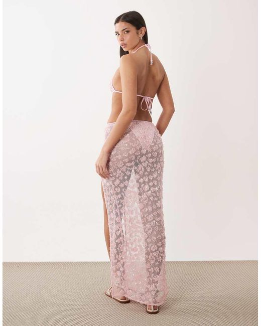 South Beach Pink Sequin Maxi Skirt With Shell Applique