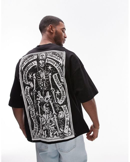 Topman Black Extreme Oversized Fit T-shirt With Front And Back Zodiac Skeleton Patch for men