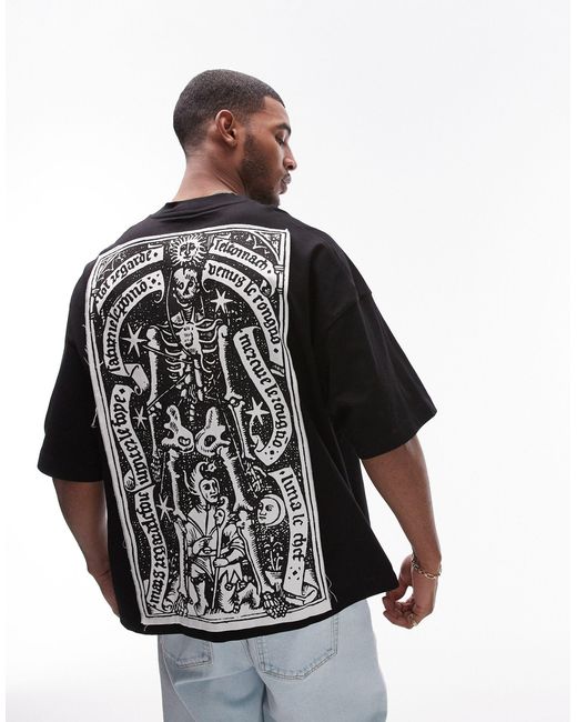 T-shirt super oversize nera con toppa di scheletro zodiacale fronte e retro di Topman in Black da Uomo