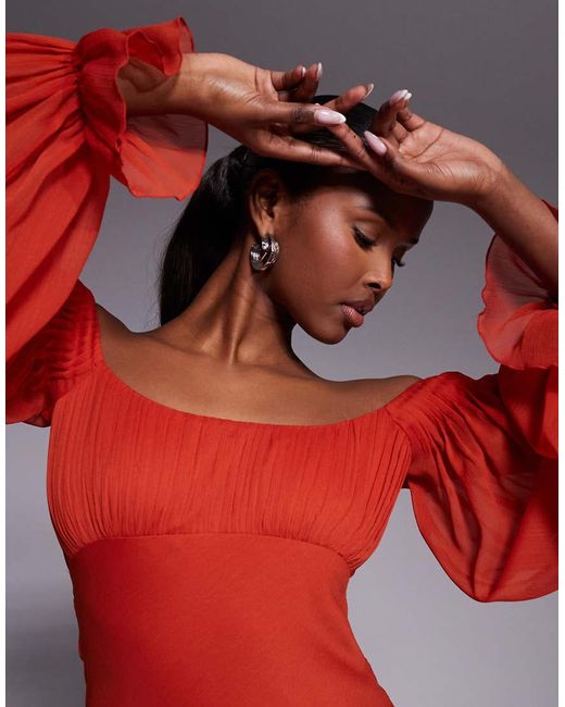 ASOS Red Off The Shoulder Ruffle Maxi Dress With Tie Godets And Blouson Sleeves